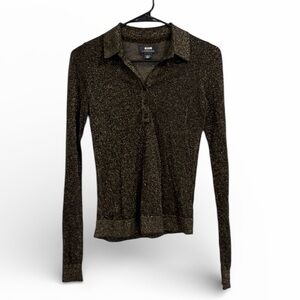 Anthropologie Maeve Black Gold Metallic Button Down Long Sleeve Shirt XS